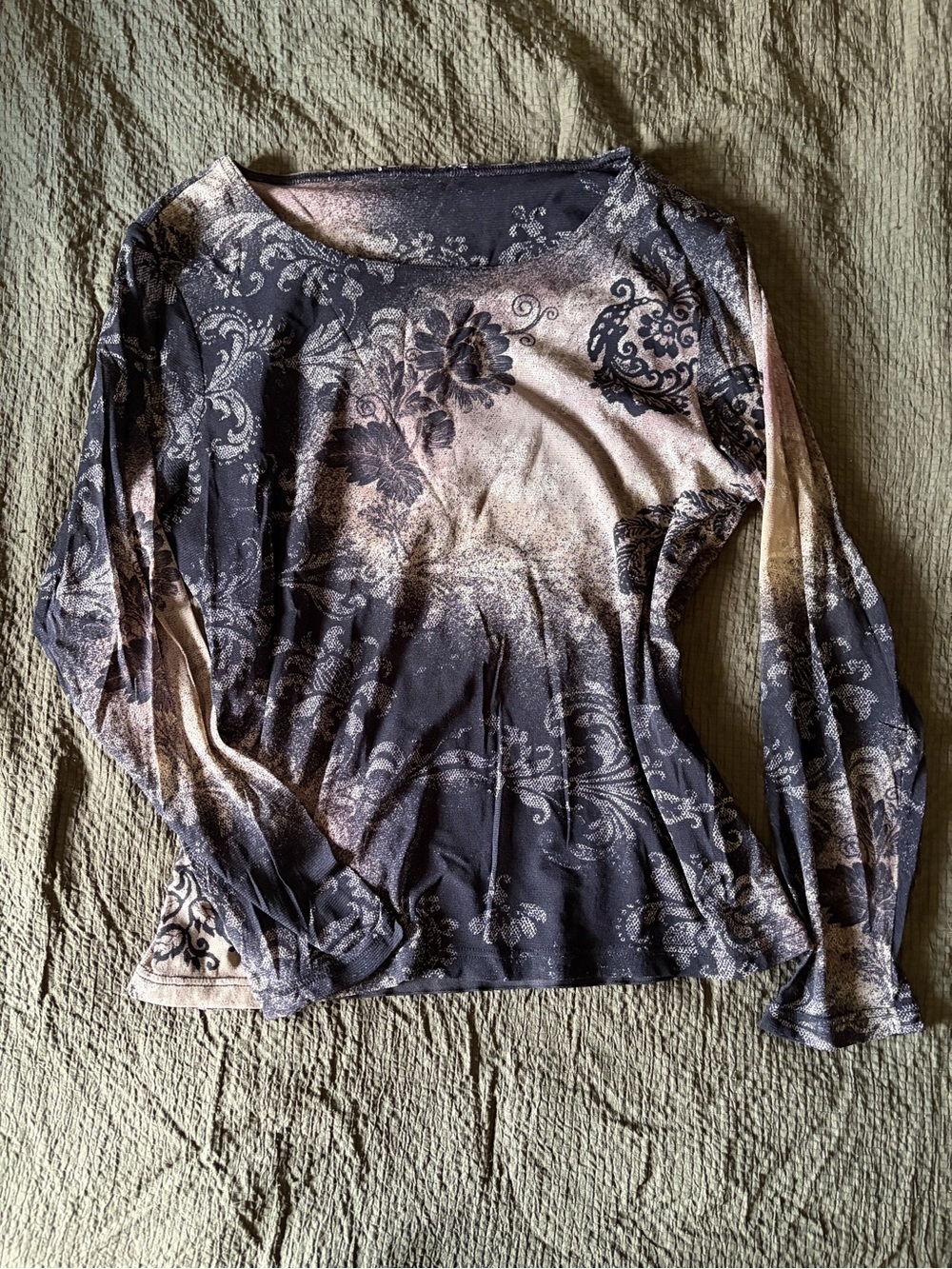 Long-Sleeve Floral & Paisley Print Top in Black and Beige